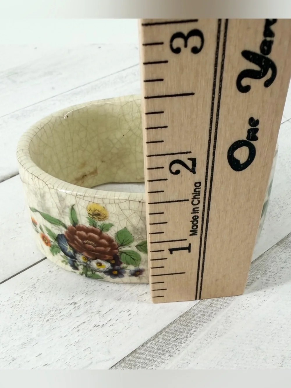 Vintage Hand Painted Floral Ceramic Bangle Bracelet Small Fit Oval Crackle